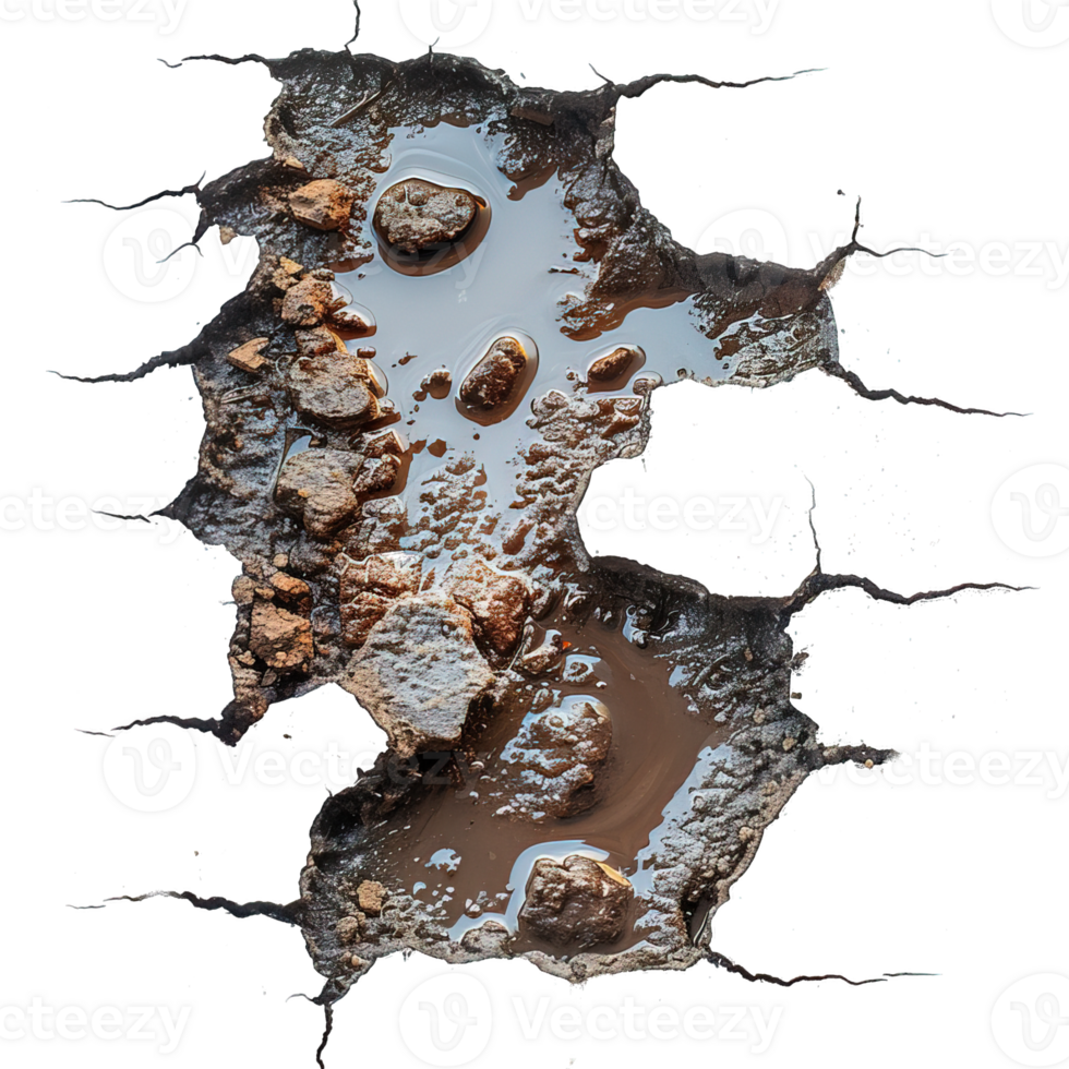 top view muddy puddle hole isolated on transparent background ,puddle hole with cracks , png