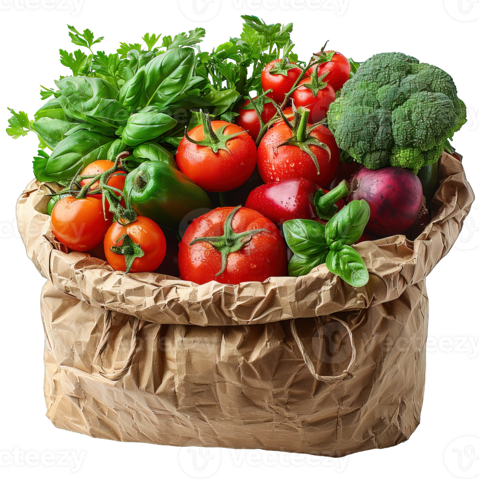 collection of vegetables in a paper bag isolated on transparent background , png