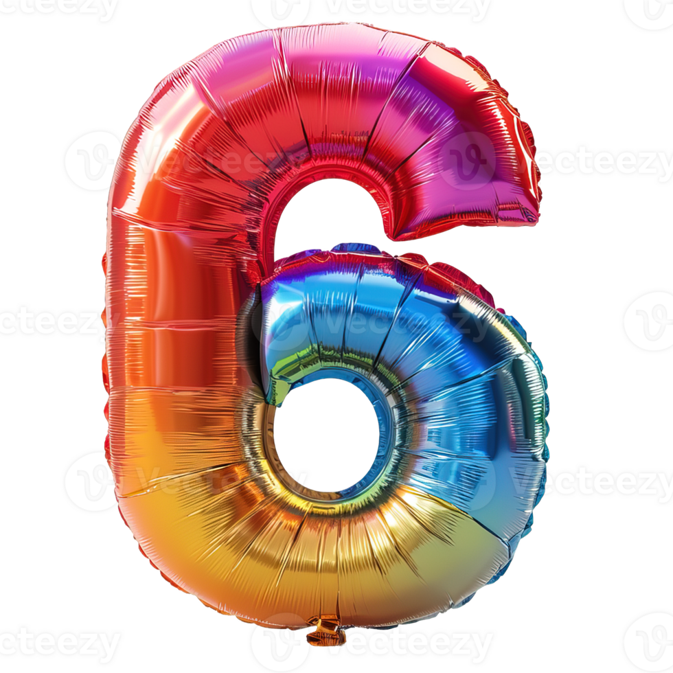 rainbow balloon in the shape of the number six isolated on transparent background , png