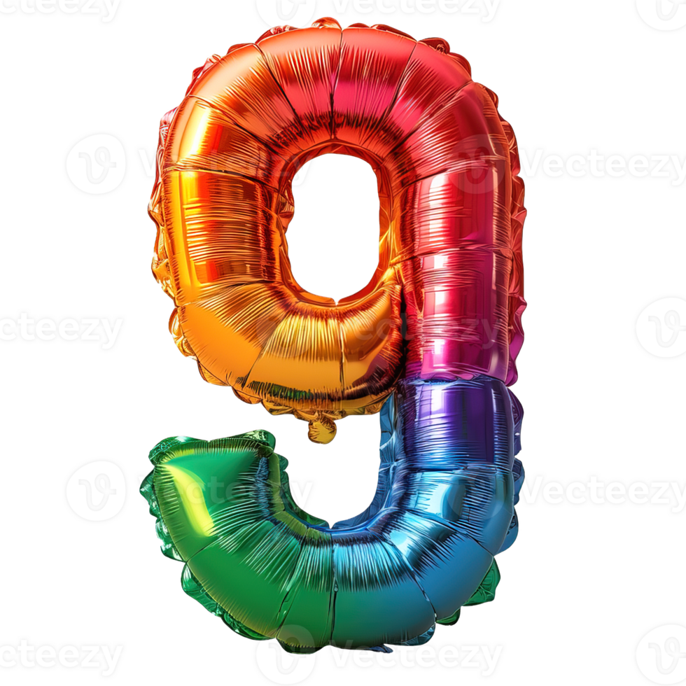 rainbow balloon in the shape of the number nine isolated on transparent background , png