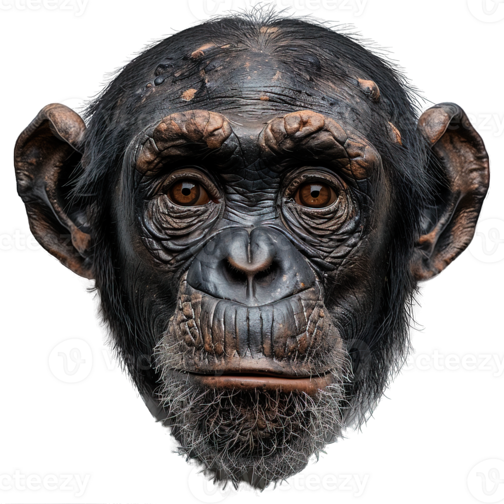 front view of chimpanzee head isolated on transparent background, chimpanzee mask , png