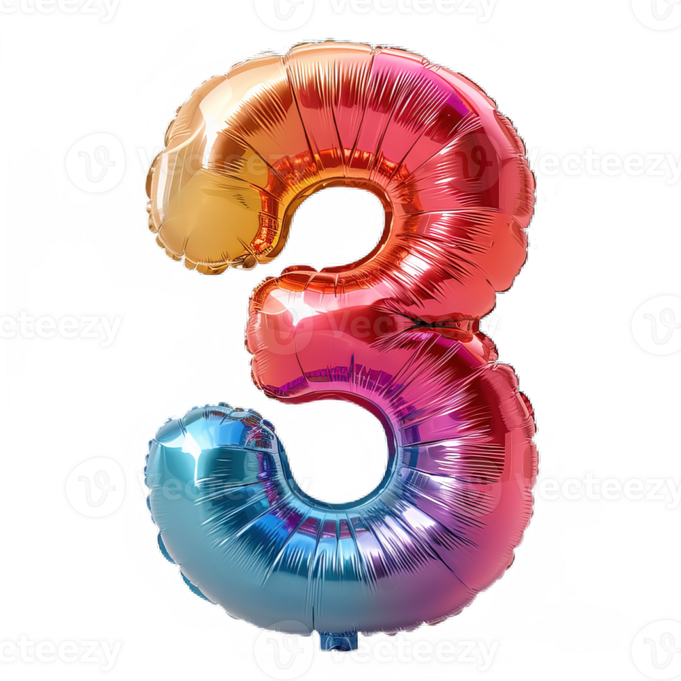 rainbow balloon in the shape of the number three isolated on transparent background , png