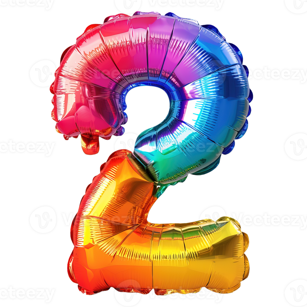 rainbow balloon in the shape of the number two isolated on transparent background , png