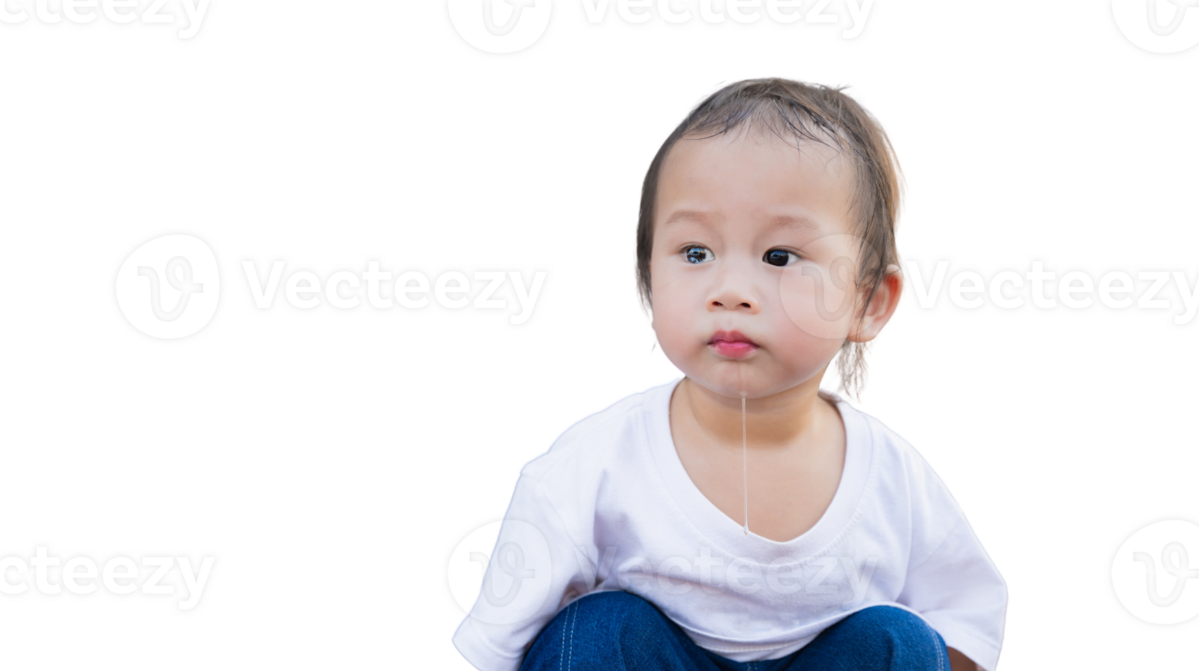 Portrait of child sitting and playing, he is drooling, Boy has tears in his eyes, toddler with adorable expression and bright eyes. On isolated background. png