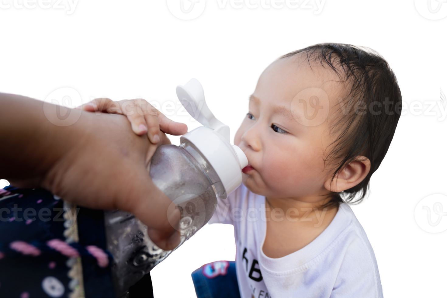 Asian little boy drinking water fed to him by his mother, on a hot day, summer or spring time, drinking clean water to avoid dehydration, health care, isolated background. Toddler one year old. png