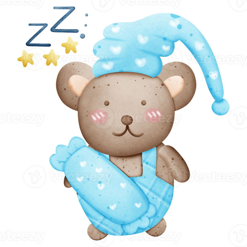 A cute brown bear is sleeping and hugging a pillow. Good night, sweet dreams png