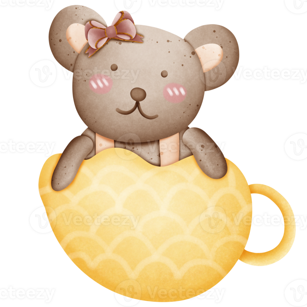 Cute brown bear with pink bow on head in cup isolated on transparent background png