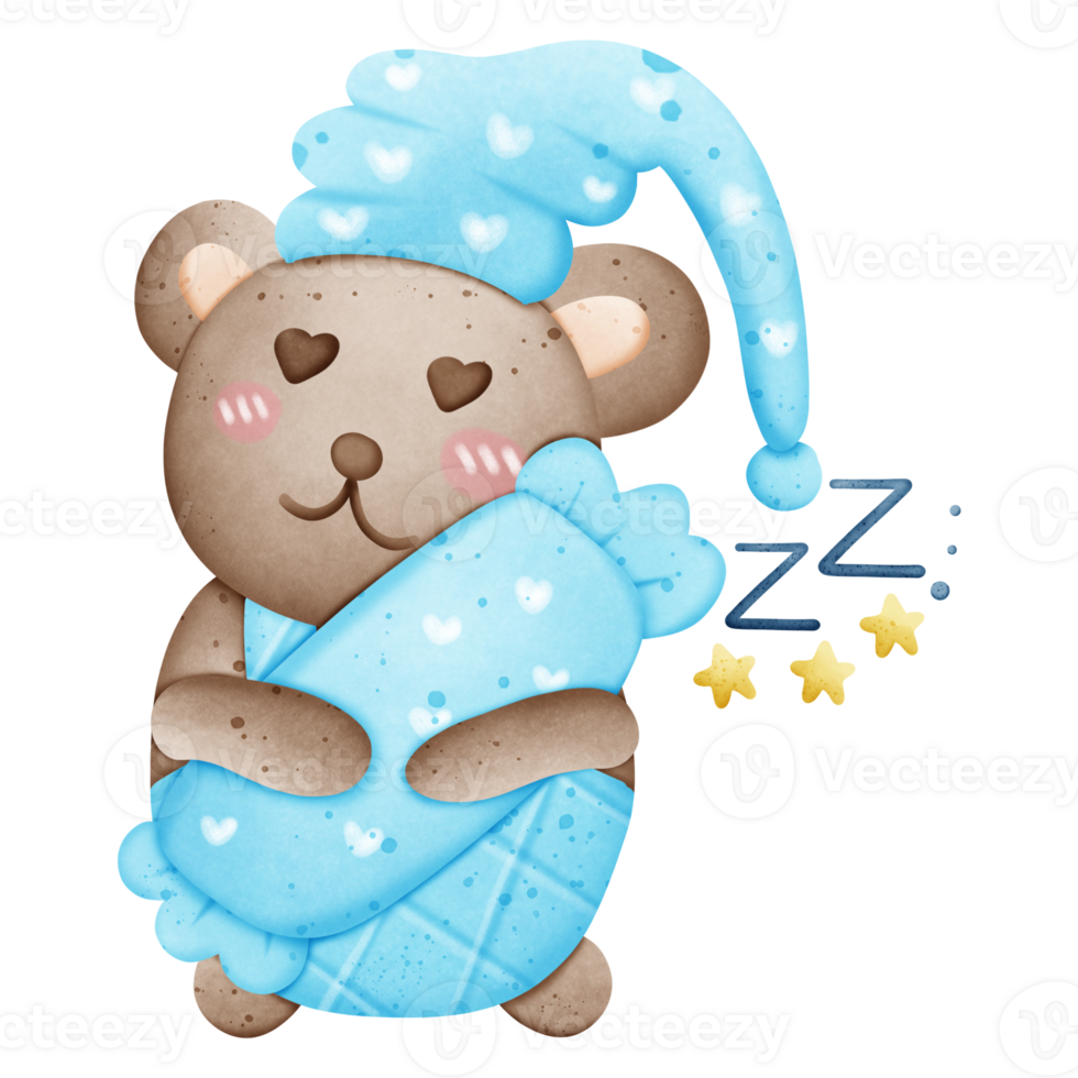 A cute brown bear is sleeping and hugging a pillow. Good night, sweet dreams png