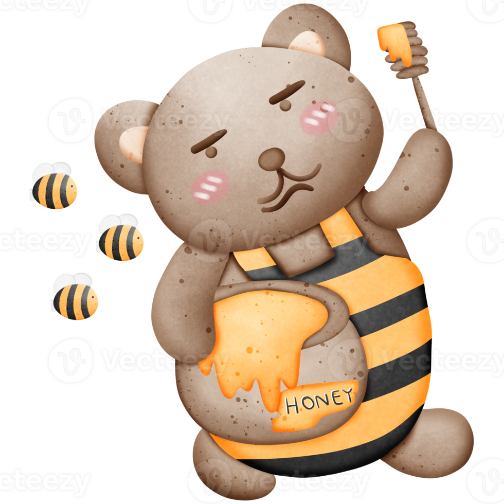 Cute brown bear wearing a bee suit and honey Honey sticks and bees fly around isolated on transparent background png