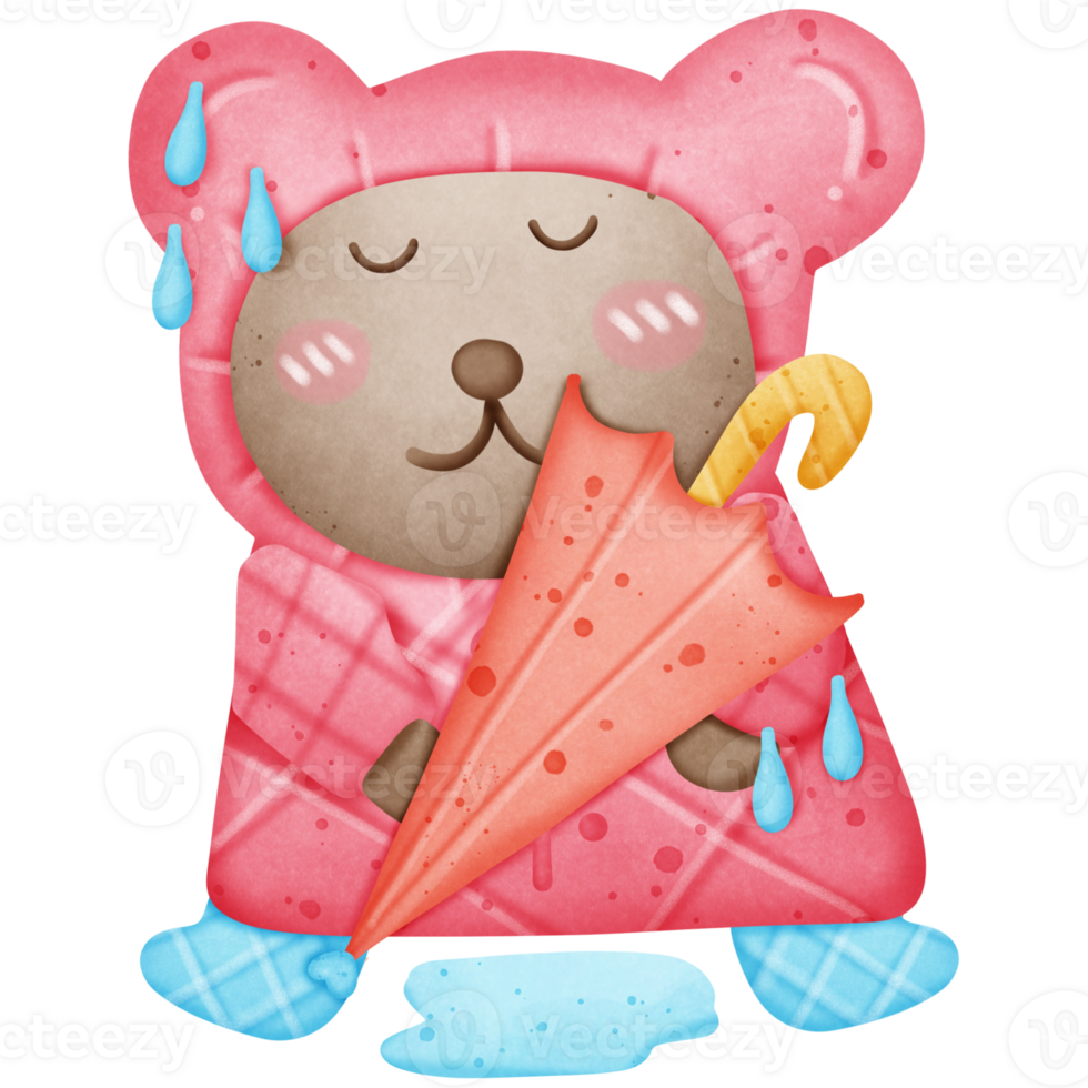 A cute brown bear wears a pink raincoat and blue boots and holds an umbrella in the rainy season isolated on transparent background png