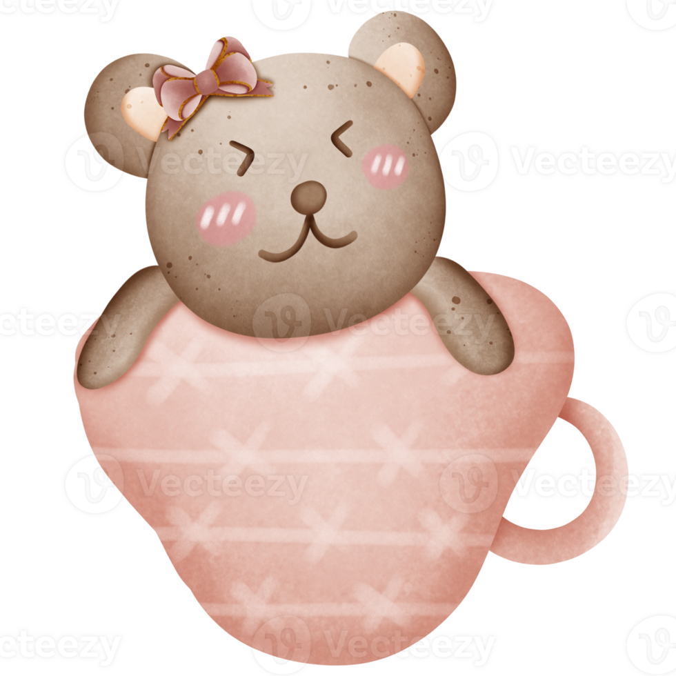 Cute brown bear with pink bow on head in cup isolated on transparent background png