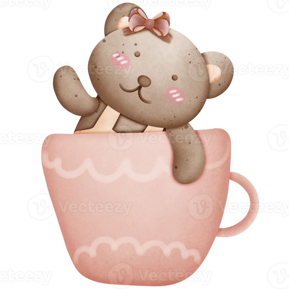 Cute brown bear with pink bow on head in cup isolated on transparent background png