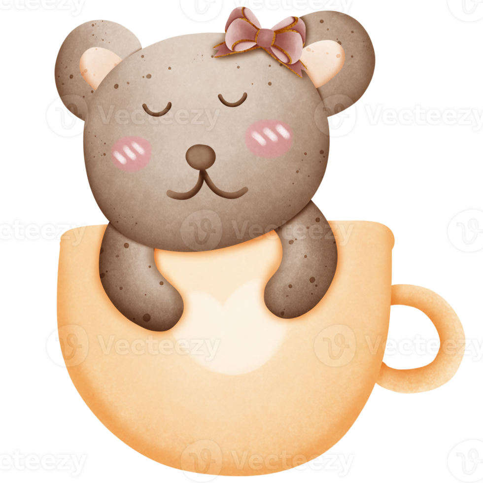 Cute brown bear with pink bow on head in cup isolated on transparent background png