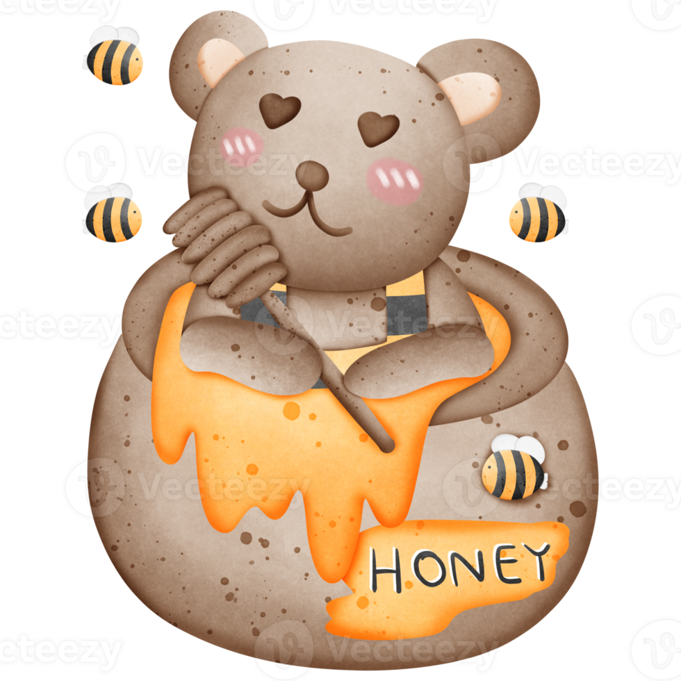 Cute brown bear wearing a bee suit and honey Honey sticks and bees fly around isolated on transparent background png