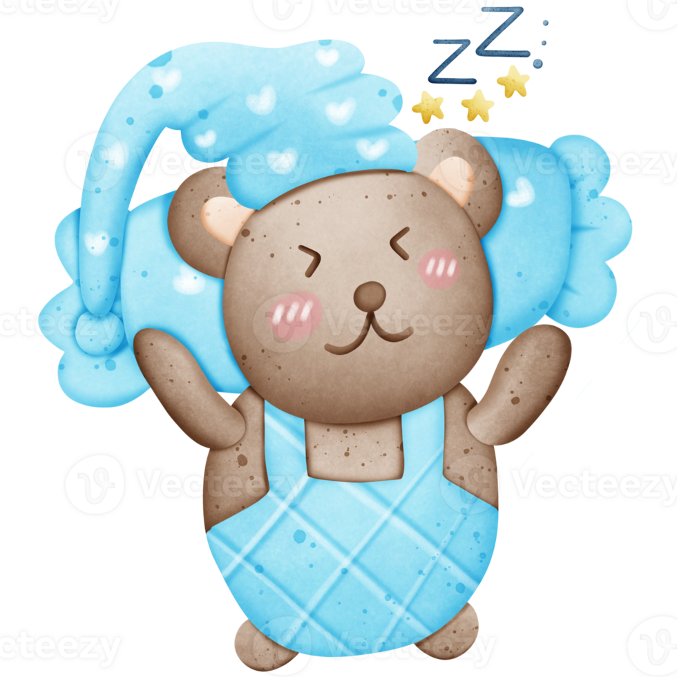 A cute brown bear is sleeping and hugging a pillow. Good night, sweet dreams png
