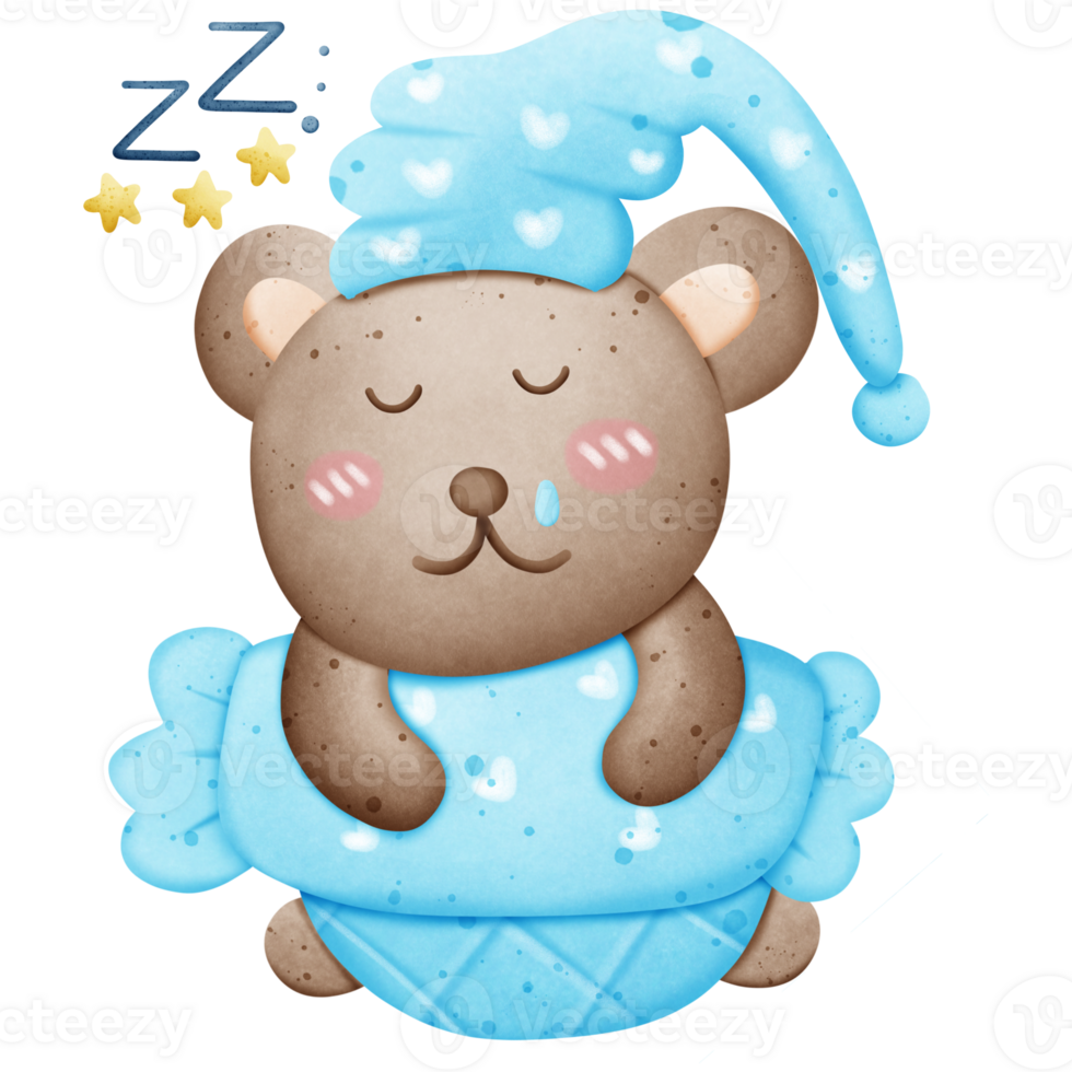 A cute brown bear is sleeping and hugging a pillow. Good night, sweet dreams png