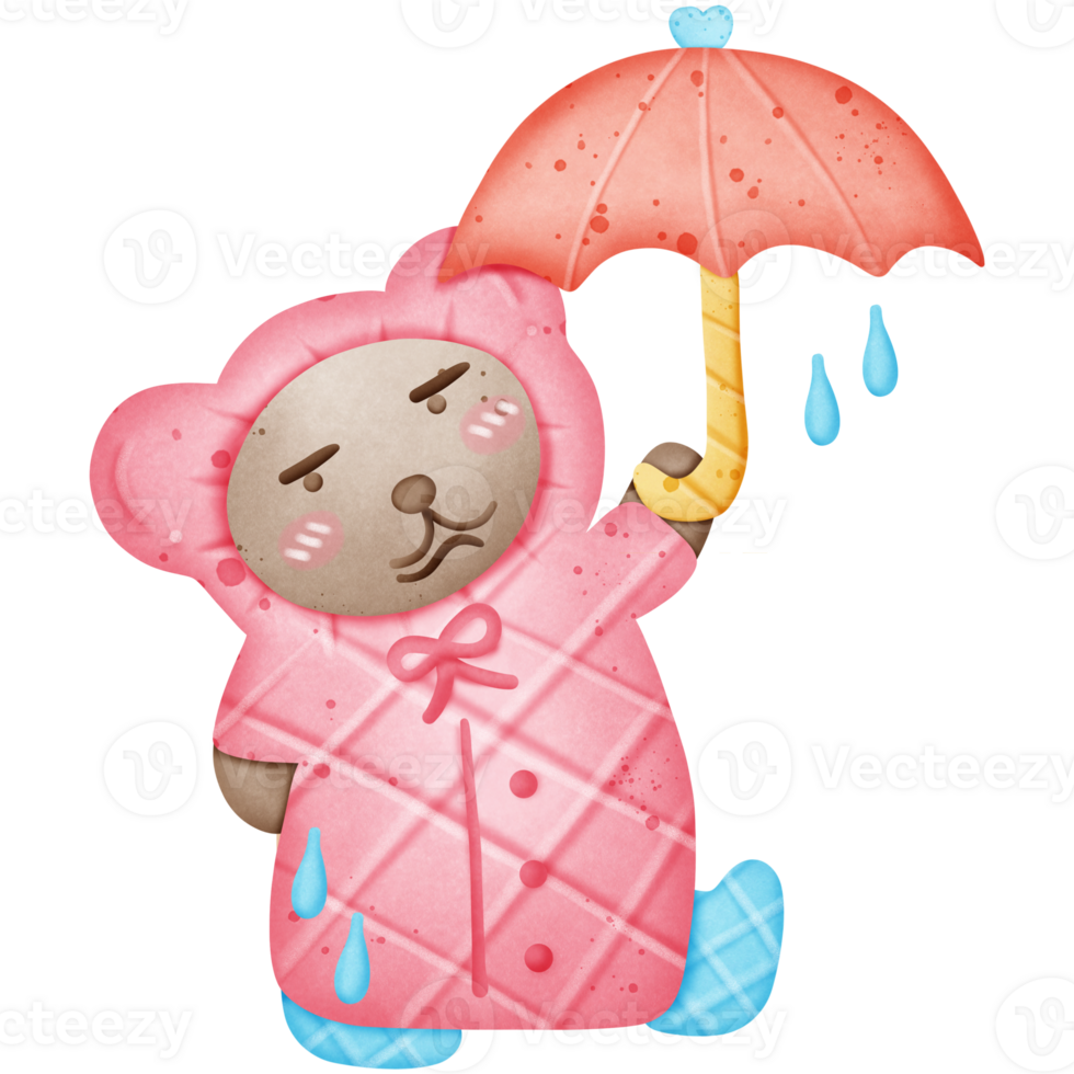 A cute brown bear wears a pink raincoat and blue boots and holds an umbrella in the rainy season isolated on transparent background png