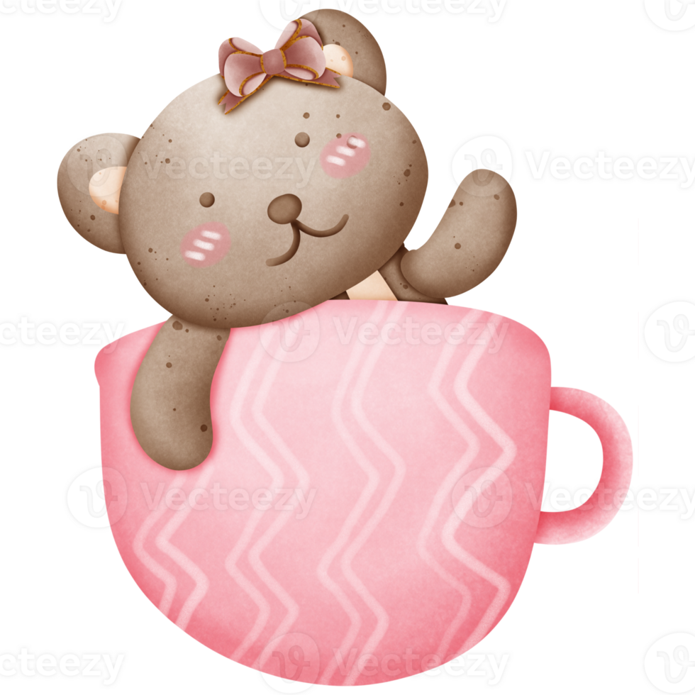 Cute brown bear with pink bow on head in cup isolated on transparent background png