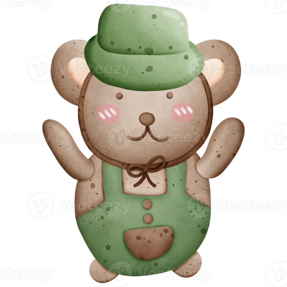 Cute brown bear in hiking clothes, hat and boots, camping with tent and hiking equipment. png