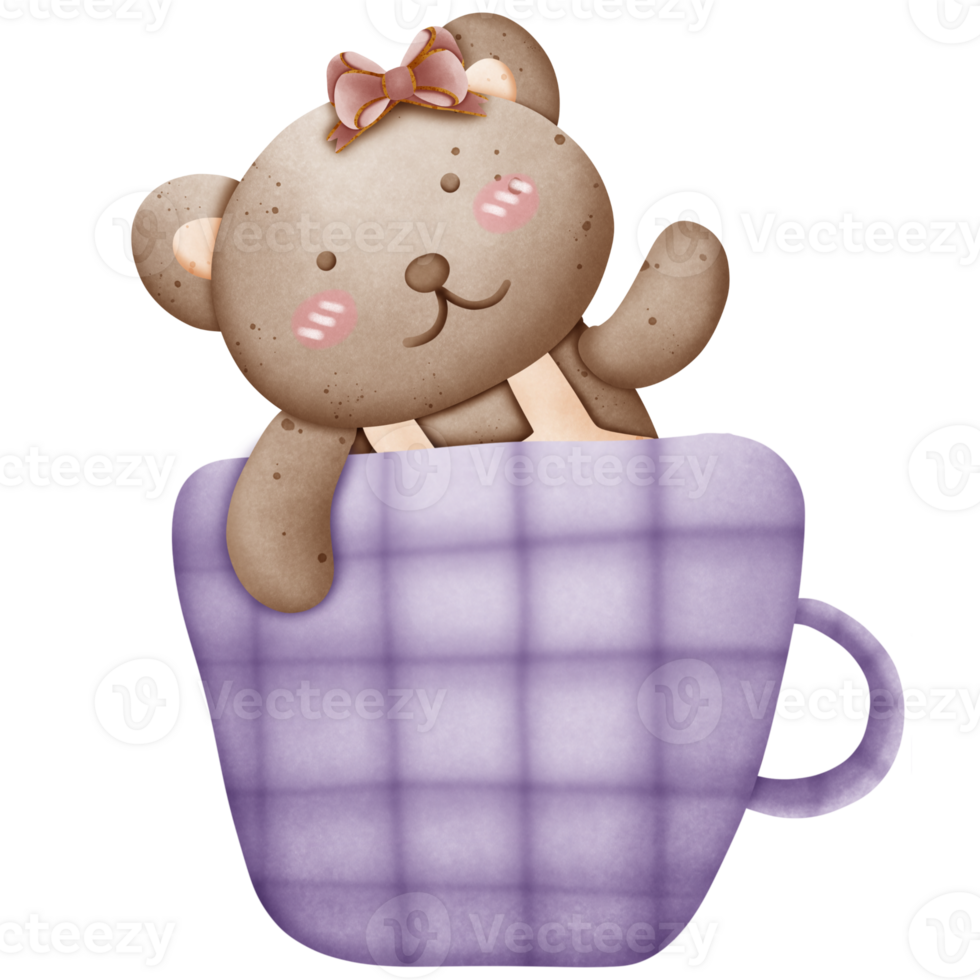Cute brown bear with pink bow on head in cup isolated on transparent background png