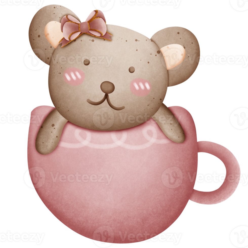 Cute brown bear with pink bow on head in cup isolated on transparent background png
