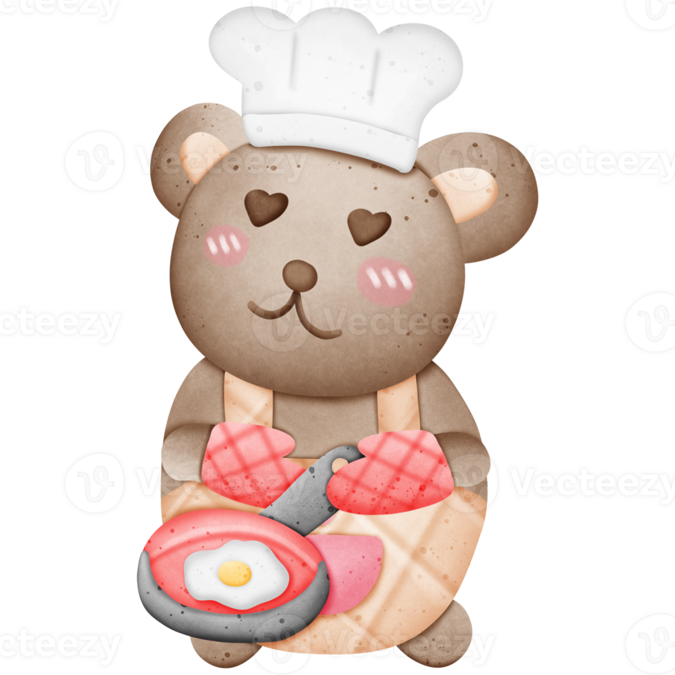 A cute chef brown bear is having fun cooking isolated on transparent background png