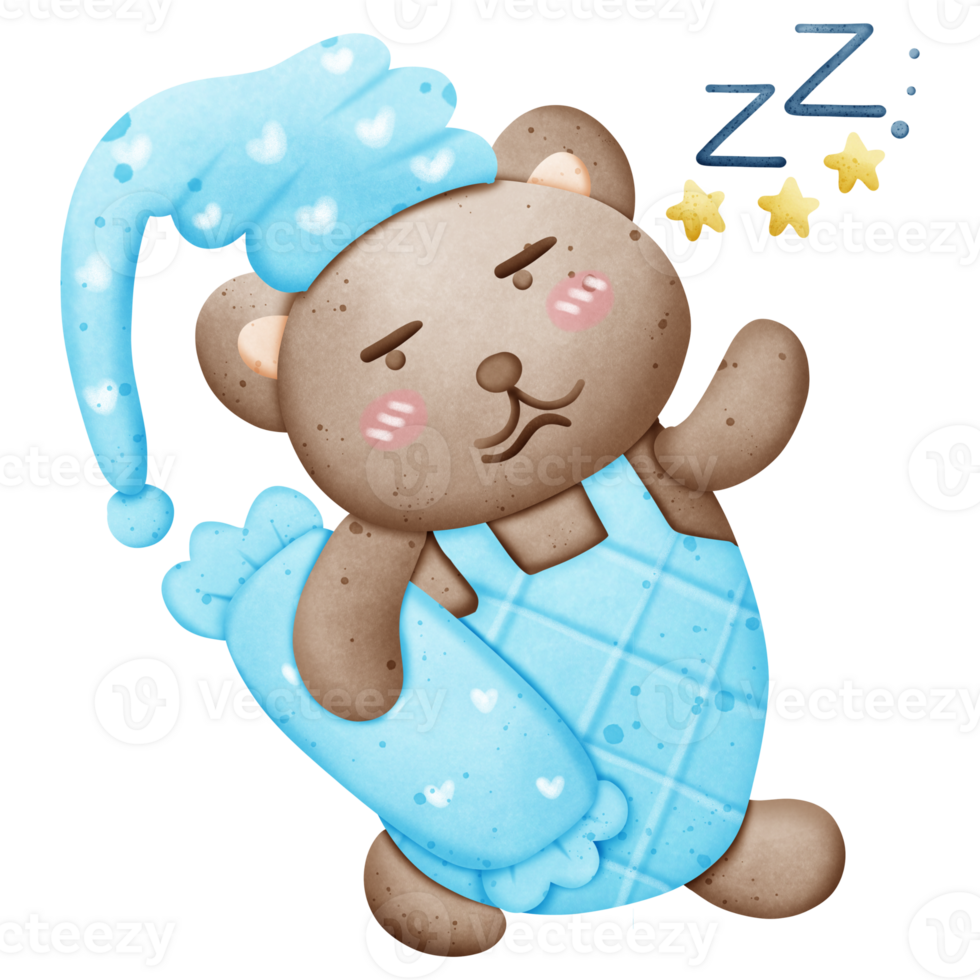 A cute brown bear is sleeping and hugging a pillow. Good night, sweet dreams png