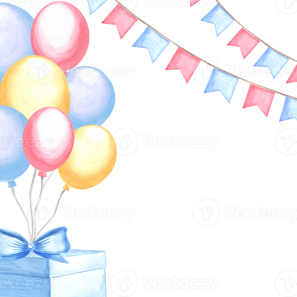 Helium balloons with gift boxes, bow and flags garlands. Happy Birthday template for greeting card. Festive hand drawn watercolor illustrations with copy space. For birthday, invitation, baby shower. png