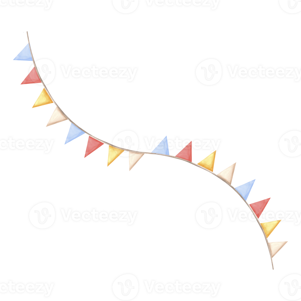 Garlands of pennants flags. Watercolor template of festive illustration for birthday and kids party decoration, isolated. Hand drawn clipart for invitation, card, wedding background, nursery decor. png