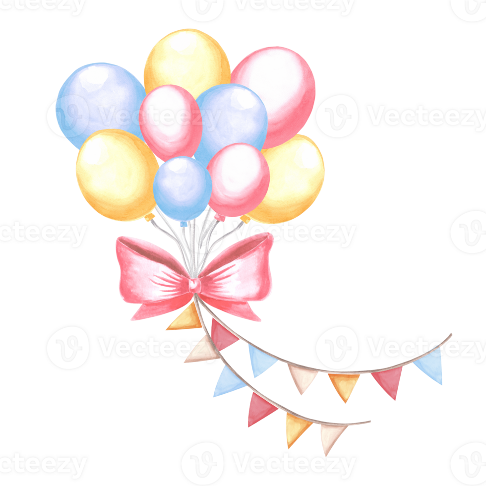 Helium balloons banch with bow and pennant garland. Colorful Happy Birthday festive clipart. Hand drawn watercolor illustration isolated. Template for holiday decoration, card, invitation, baby shower png