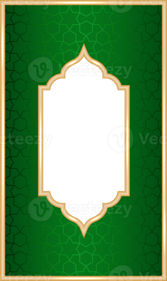 Ramadan Islamic arch frame with ornament. Muslim traditional door illustration for wedding invitation post and templates. Golden and green frame in oriental style. Persian window shape png