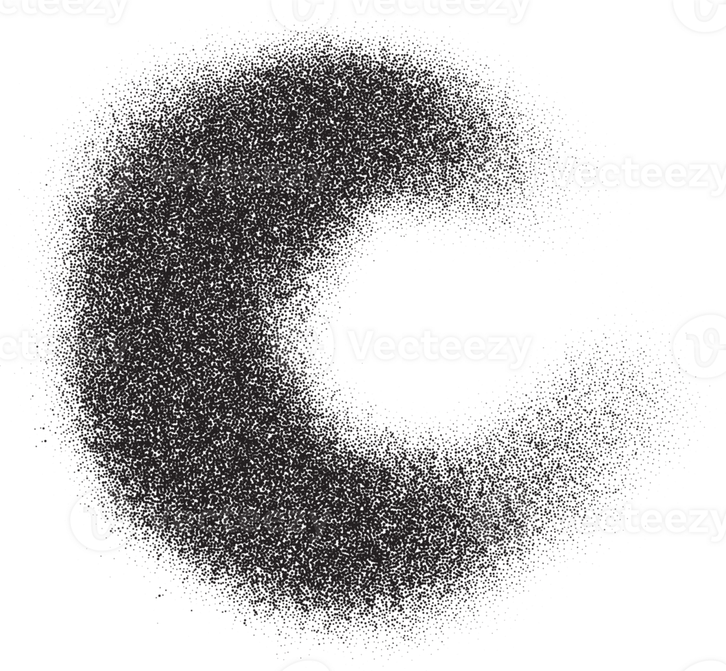 Grainy noisy gradient shadow. Stipple dotted circles with dust texture. Abstract halftone spray element. Grunge splash and organic blob. Fluid spot png