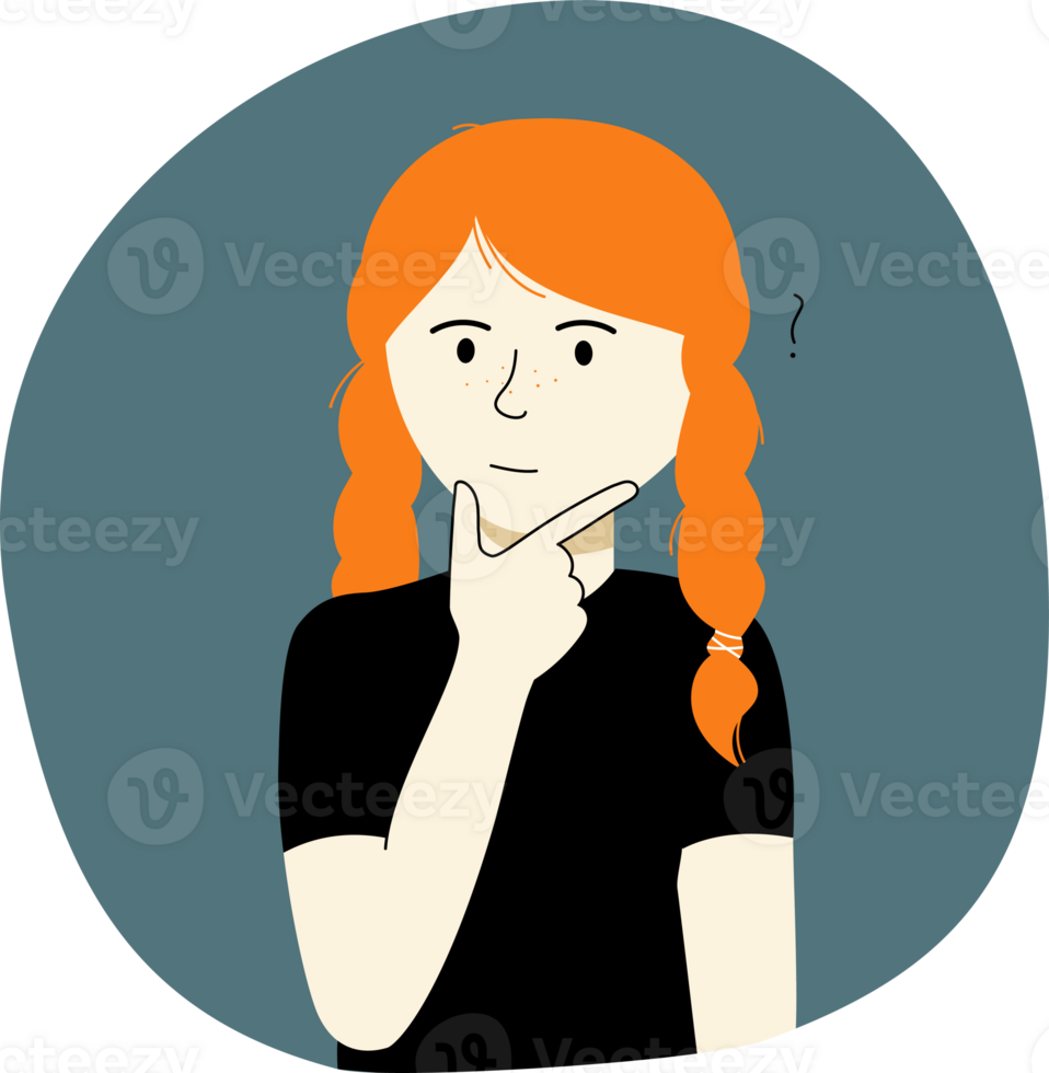 thinking girl with ginger hair and freckles png