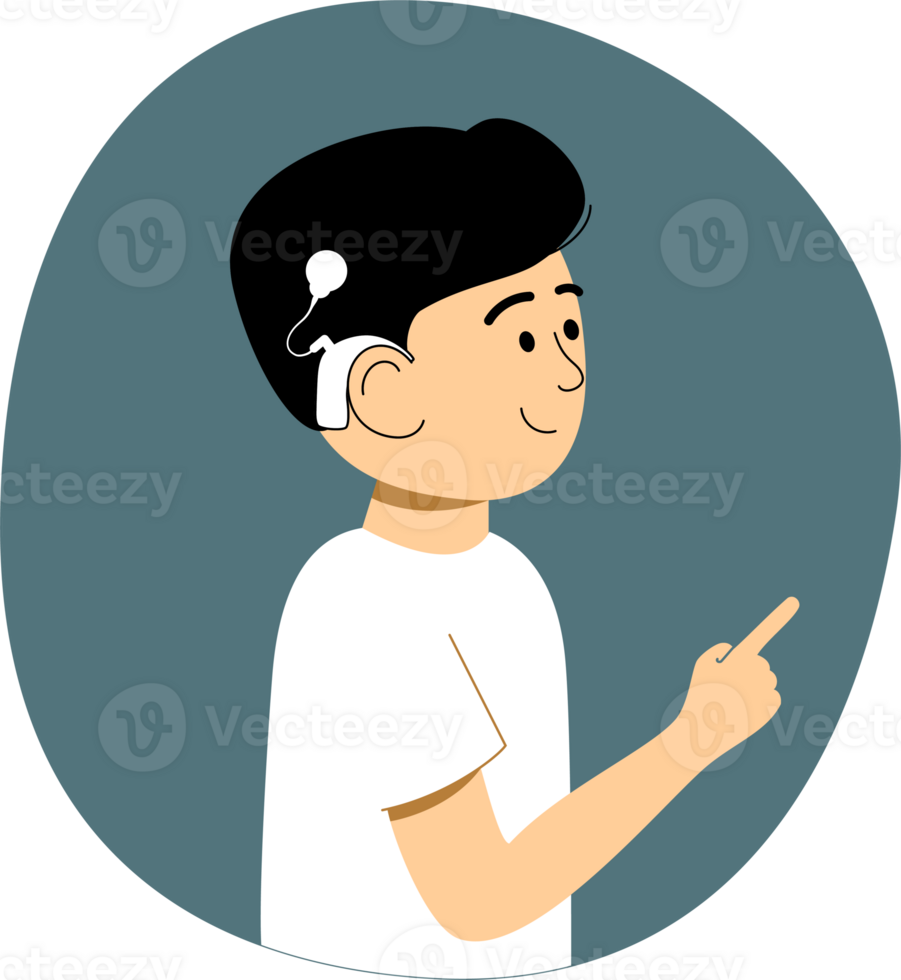 cartoon boy with a hearing aid pointing png