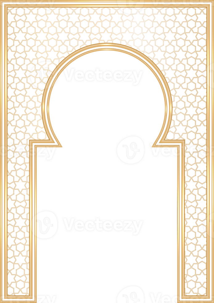 Ramadan Islamic arch frame with ornament. Muslim traditional door illustration for wedding invitation post and templates. Golden frames in oriental style. Persian windows shape png