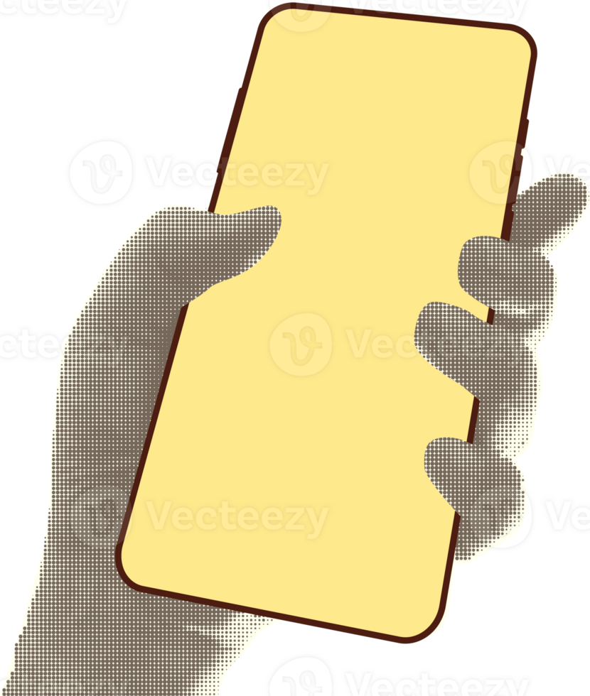 Collage with halftone style hands hold smartphone Minimalist metaphor concept finance-themed mobile applications, online sales, social media. Idea for web banner Cutouts magazine. illustration png