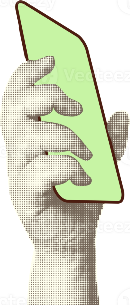 Collage with halftone style hands hold smartphone Minimalist metaphor concept finance-themed mobile applications, online sales, social media. Idea for web banner Cutouts magazine. illustration png