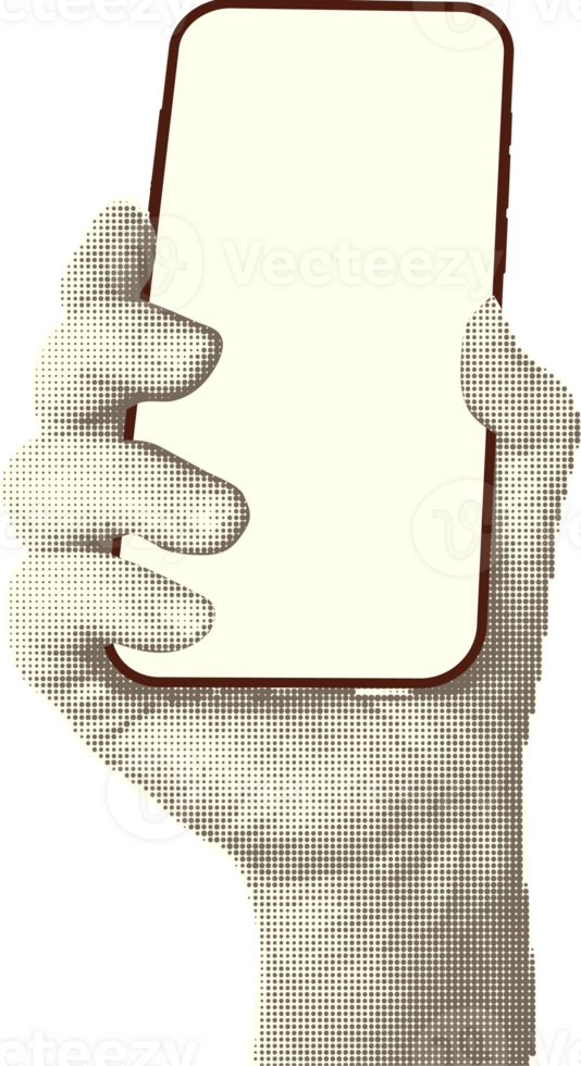 Collage with halftone style hands hold smartphone Minimalist metaphor concept finance-themed mobile applications, online sales, social media. Idea for web banner Cutouts magazine. illustration png