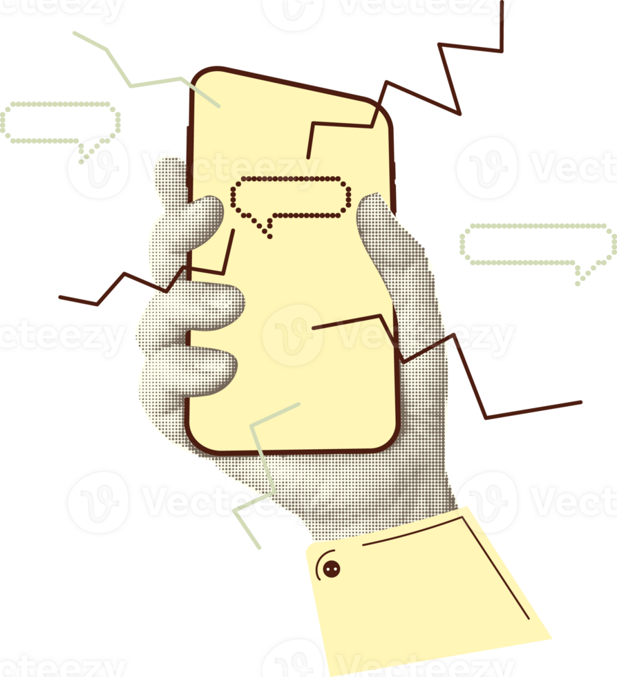 Collage with halftone style hands hold smartphone Minimalist metaphor concept finance-themed mobile applications, online sales, social media. Idea for web banner Cutouts magazine. illustration png