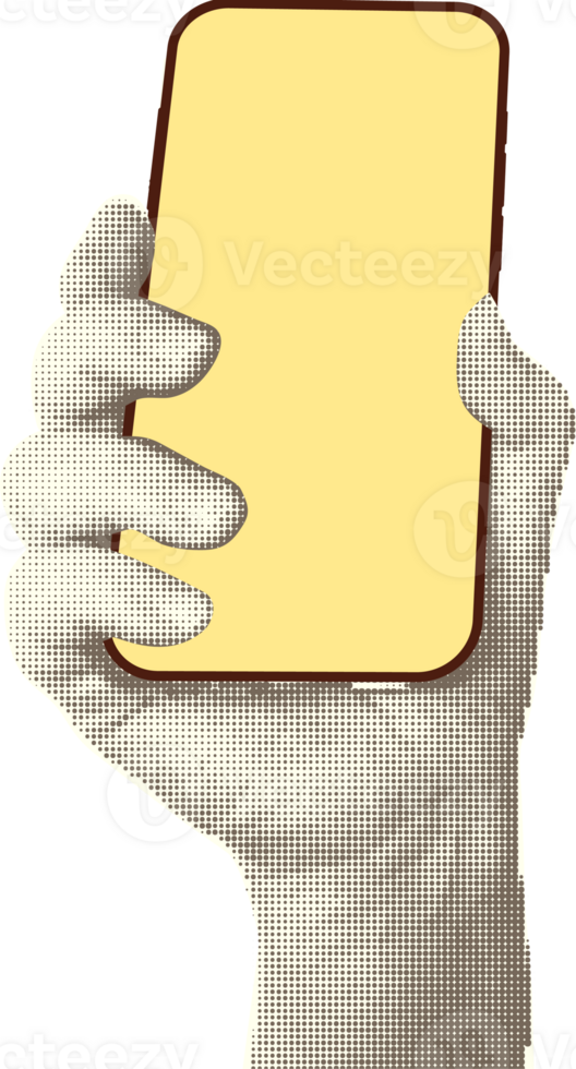 Collage with halftone style hands hold smartphone Minimalist metaphor concept finance-themed mobile applications, online sales, social media. Idea for web banner Cutouts magazine. illustration png