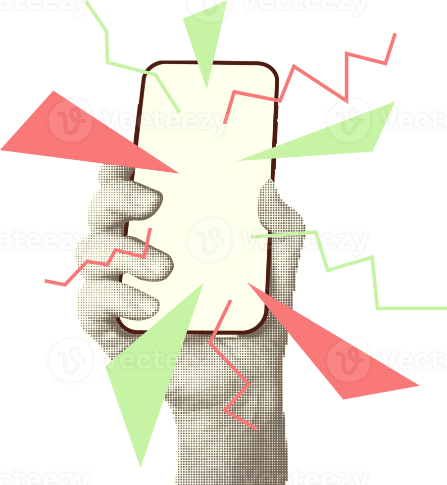 Collage with halftone style hands hold smartphone Minimalist metaphor concept finance-themed mobile applications, online sales, social media. Idea for web banner Cutouts magazine. illustration png