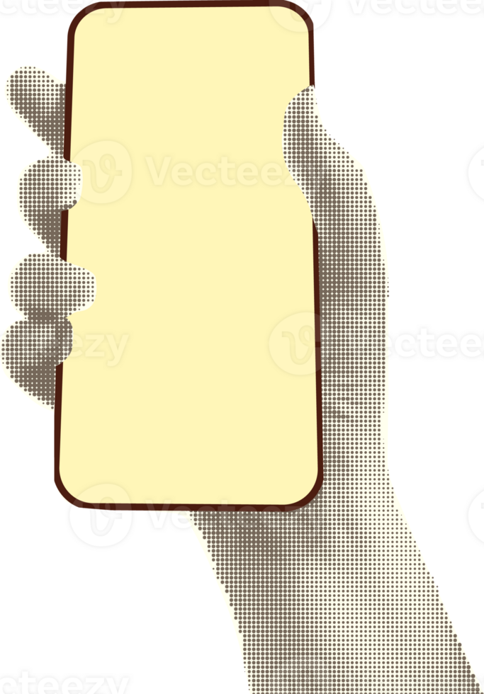 Collage with halftone style hands hold smartphone Minimalist metaphor concept finance-themed mobile applications, online sales, social media. Idea for web banner Cutouts magazine. illustration png