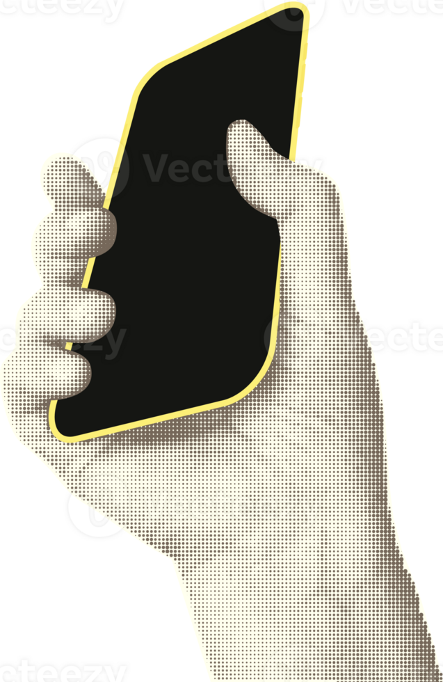 Collage with halftone style hands hold smartphone Minimalist metaphor concept finance-themed mobile applications, online sales, social media. Idea for web banner Cutouts magazine. illustration png