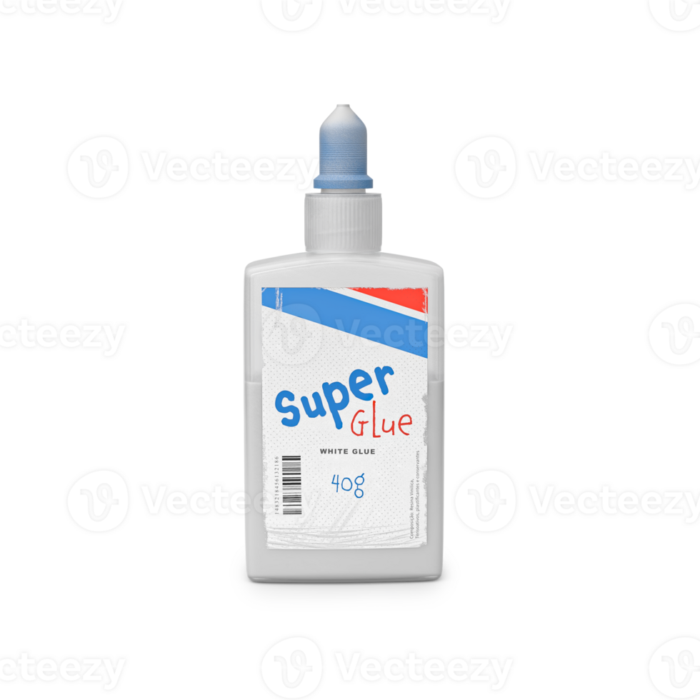 white glue bottle with blue cap and torn and destroyed information sticker, for scene creation png