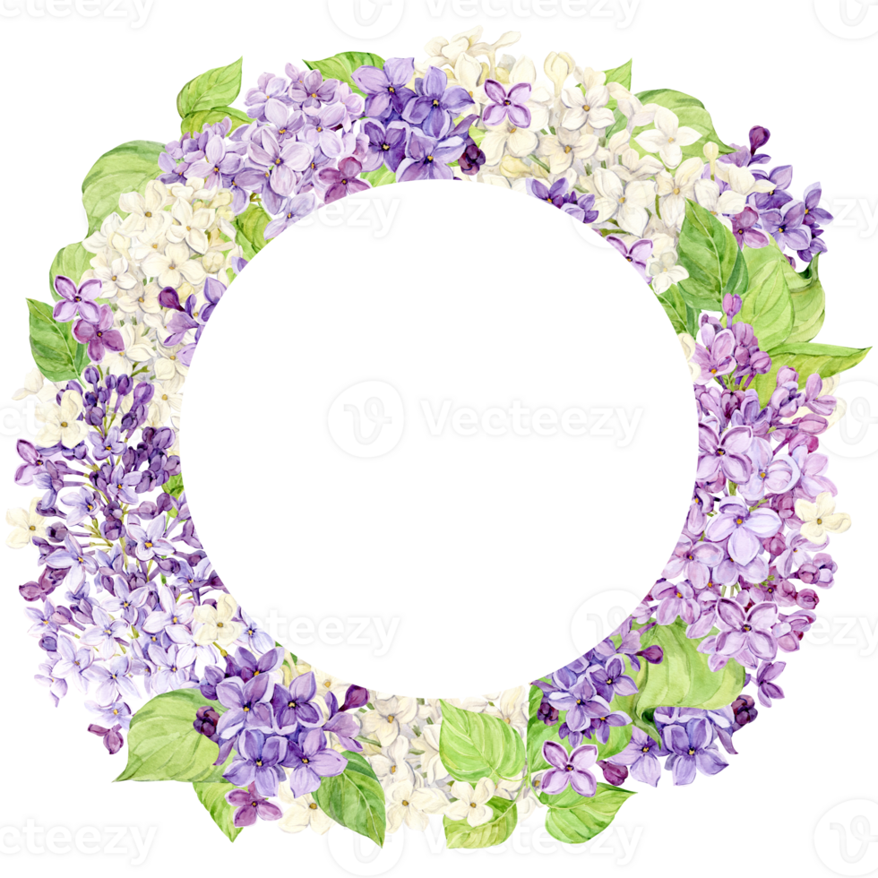 Watercolor lilac wreath. Round frame of spring pink, lavender, purple and white flowers. Wedding invitation template, save the date. Retro illustration for design in Provence or Rustic style. png