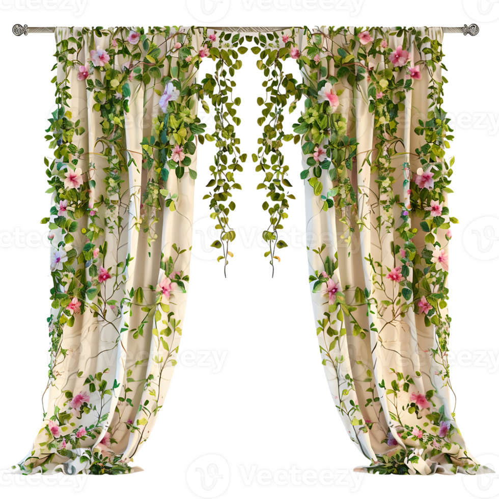 White Curtains with Flowers on it on Transparent Background png