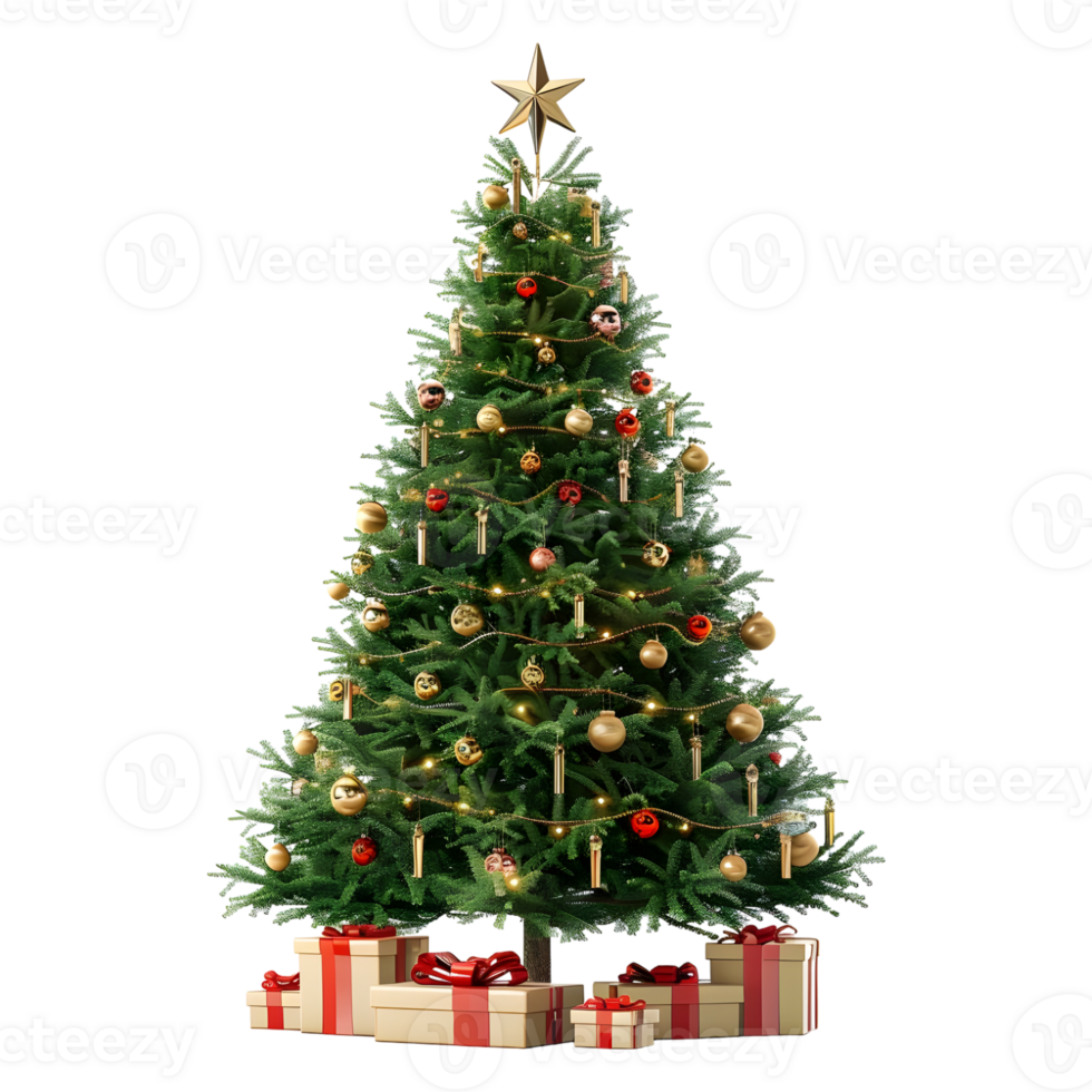 Christmas Tree with Stars, Light, Gift Boxes on Transparent Background png