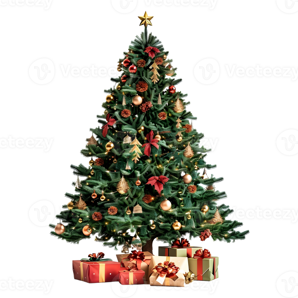Christmas Tree with Stars, Light, Gift Boxes on Transparent Background png