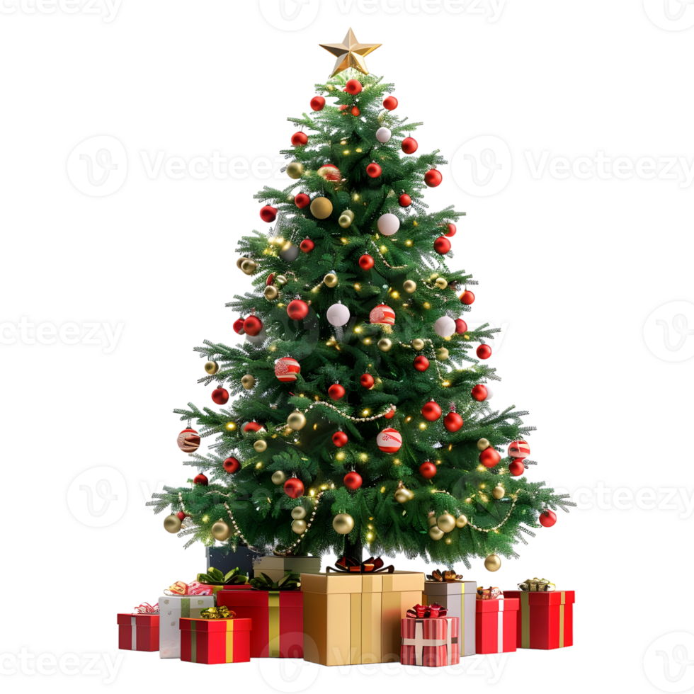 Christmas Tree with Stars, Light, Gift Boxes on Transparent Background png