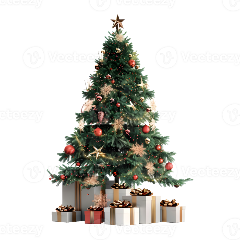 Christmas Tree with Stars, Light, Gift Boxes on Transparent Background png